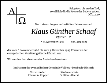Anzeige von Klaus Günther Schaaf von Kölner Stadt-Anzeiger / Kölnische Rundschau / Express