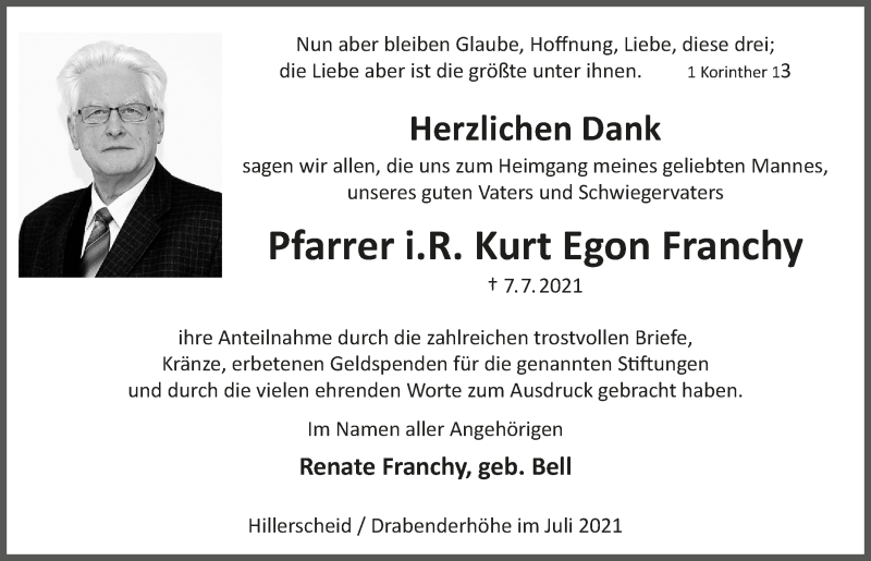  Traueranzeige für Kurt Egon Franchy vom 30.07.2021 aus  Anzeigen Echo 