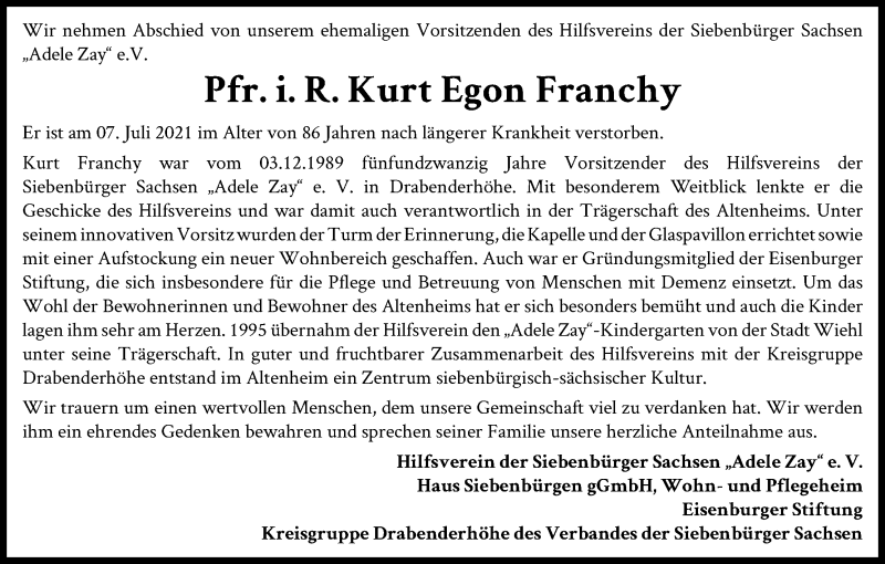  Traueranzeige für Kurt Egon Franchy vom 12.07.2021 aus Kölner Stadt-Anzeiger / Kölnische Rundschau / Express