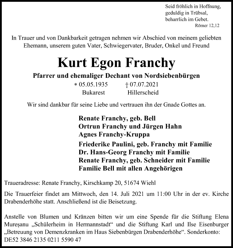  Traueranzeige für Kurt Egon Franchy vom 10.07.2021 aus Kölner Stadt-Anzeiger / Kölnische Rundschau / Express