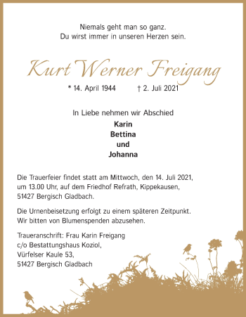 Anzeige von Kurt Werner Freigang von Kölner Stadt-Anzeiger / Kölnische Rundschau / Express