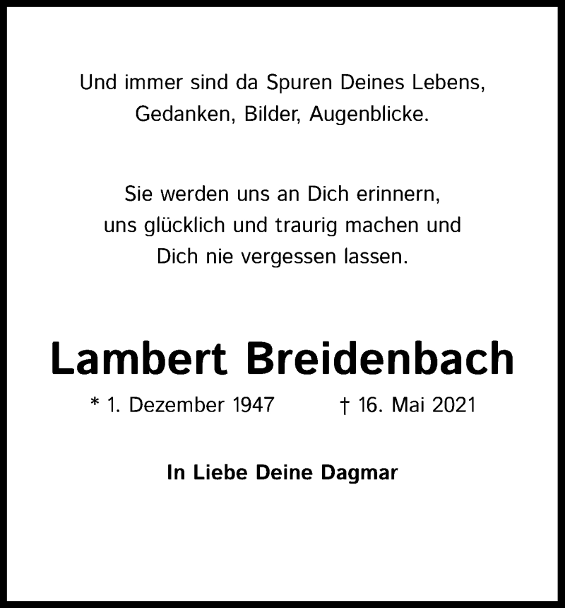 Traueranzeige für Lambert Breidenbach vom 10.07.2021 aus Kölner Stadt-Anzeiger / Kölnische Rundschau / Express