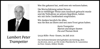 Anzeige von Lambert Peter Trampetter von Kölner Stadt-Anzeiger / Kölnische Rundschau / Express
