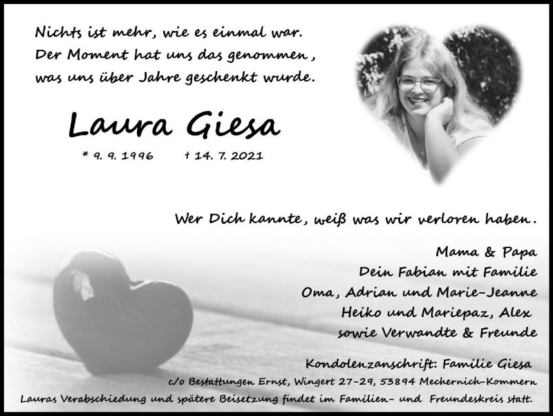  Traueranzeige für Laura Giesa vom 24.07.2021 aus  Blickpunkt Euskirchen 