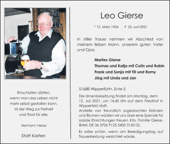 Anzeige von Leo Gierse von Kölner Stadt-Anzeiger / Kölnische Rundschau / Express