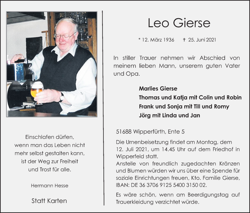  Traueranzeige für Leo Gierse vom 03.07.2021 aus Kölner Stadt-Anzeiger / Kölnische Rundschau / Express