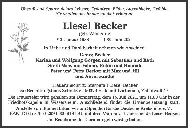  Traueranzeige für Liesel Becker vom 09.07.2021 aus  Werbepost 