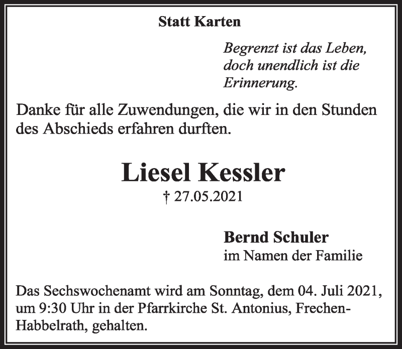  Traueranzeige für Liesel Kessler vom 02.07.2021 aus  Wochenende 