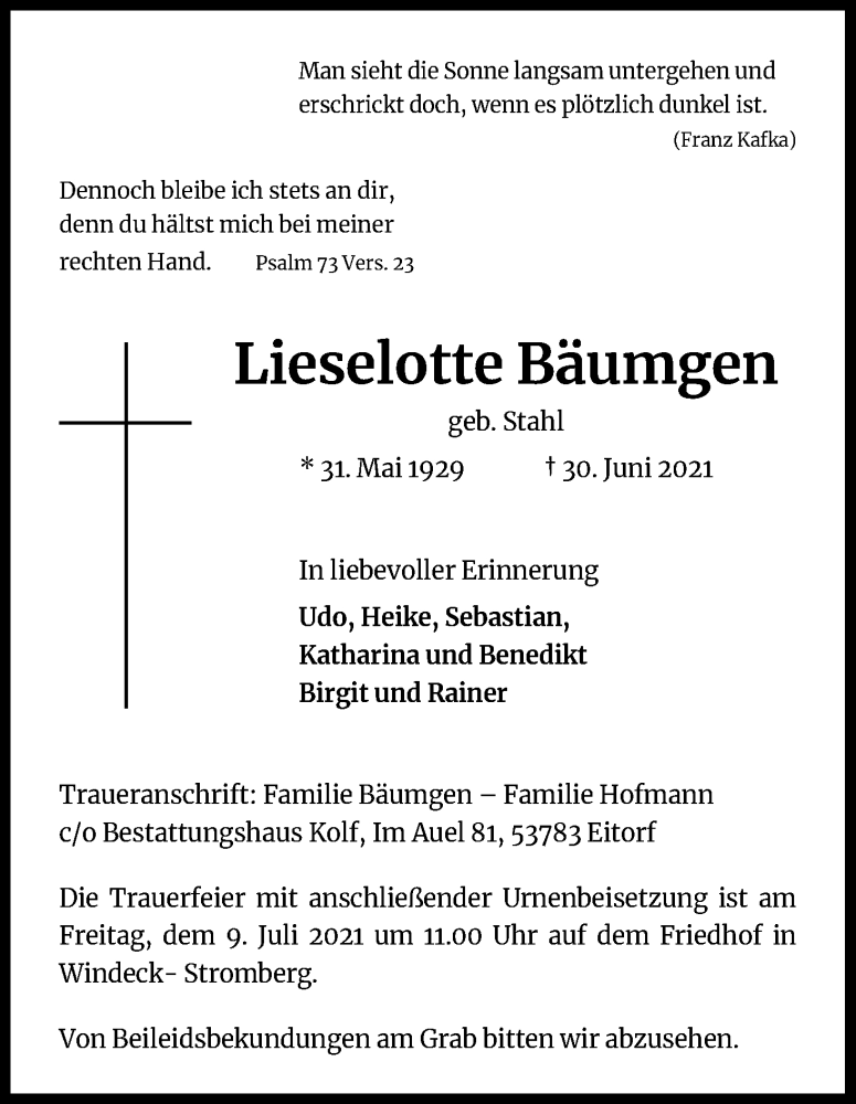  Traueranzeige für Lieselotte Bäumgen vom 03.07.2021 aus Kölner Stadt-Anzeiger / Kölnische Rundschau / Express
