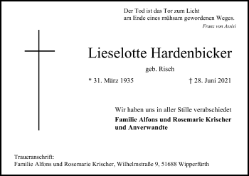 Anzeige von Lieselotte Hardenbicker von Kölner Stadt-Anzeiger / Kölnische Rundschau / Express