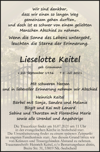 Anzeige von Lieselotte Keitel von  Extra Blatt 