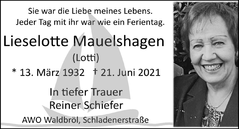  Traueranzeige für Lieselotte Mauelshagen vom 02.07.2021 aus  Lokalanzeiger 