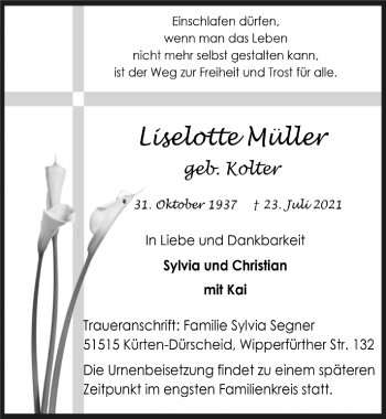 Anzeige von Lieselotte Müller von  Bergisches Handelsblatt 