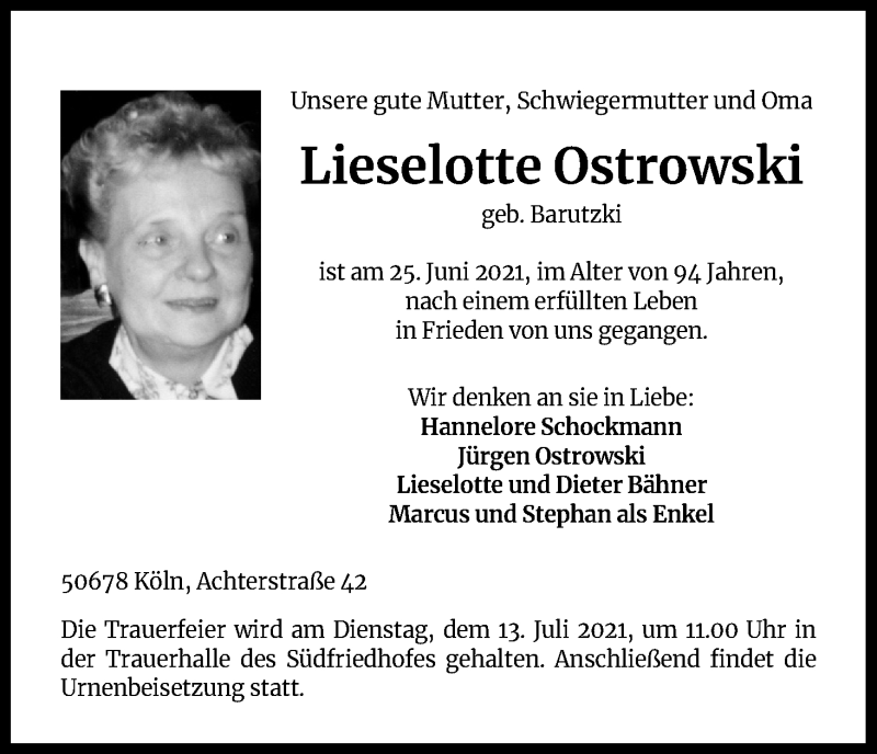  Traueranzeige für Lieselotte Ostrowski vom 03.07.2021 aus Kölner Stadt-Anzeiger / Kölnische Rundschau / Express