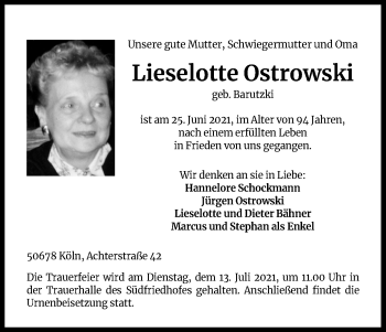 Anzeige von Lieselotte Ostrowski von Kölner Stadt-Anzeiger / Kölnische Rundschau / Express