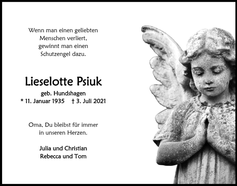 Traueranzeige für Lieselotte Psiuk vom 16.07.2021 aus  Anzeigen Echo 