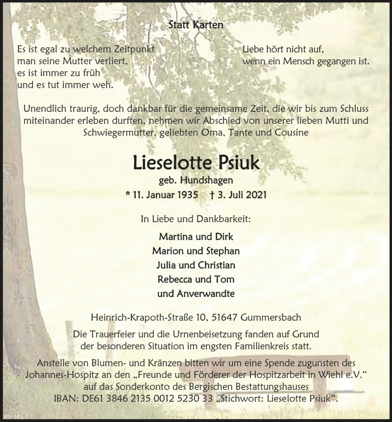  Traueranzeige für Lieselotte Psiuk vom 16.07.2021 aus  Anzeigen Echo 
