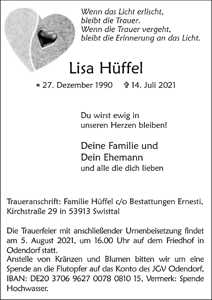  Traueranzeige für Lisa Hüffel vom 31.07.2021 aus  Schaufenster/Blickpunkt 