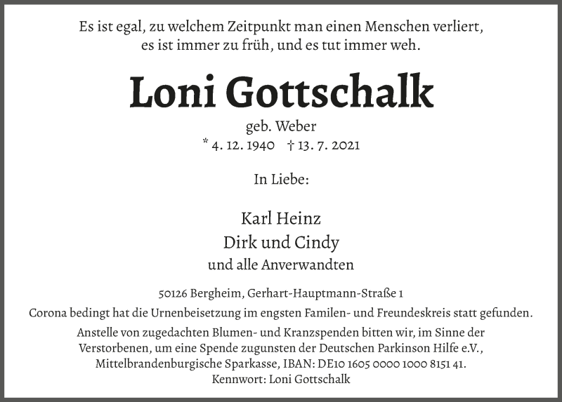  Traueranzeige für Loni Gottschalk vom 23.07.2021 aus  Schlossbote/Werbekurier 