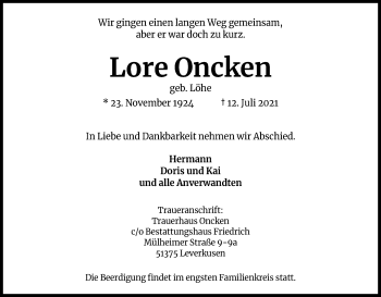 Anzeige von Lore Oncken von Kölner Stadt-Anzeiger / Kölnische Rundschau / Express