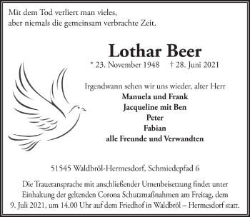 Anzeige von Lothar Beer von  Lokalanzeiger 