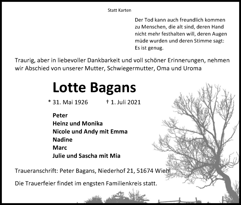  Traueranzeige für Lotte Bagans vom 03.07.2021 aus Kölner Stadt-Anzeiger / Kölnische Rundschau / Express