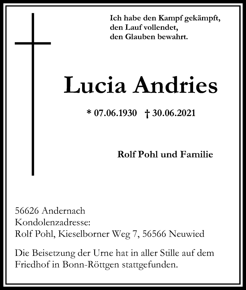  Traueranzeige für Lucia Andries vom 14.07.2021 aus Kölner Stadt-Anzeiger / Kölnische Rundschau / Express