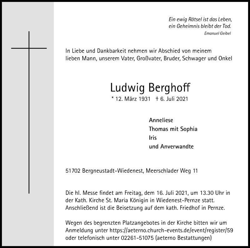  Traueranzeige für Ludwig Berghoff vom 10.07.2021 aus Kölner Stadt-Anzeiger / Kölnische Rundschau / Express