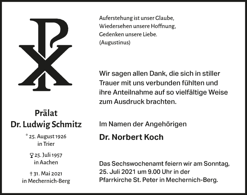  Traueranzeige für Ludwig Schmitz vom 10.07.2021 aus  Blickpunkt Euskirchen 