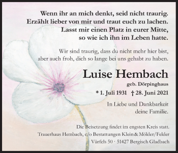 Anzeige von Luise Hembach von Kölner Stadt-Anzeiger / Kölnische Rundschau / Express