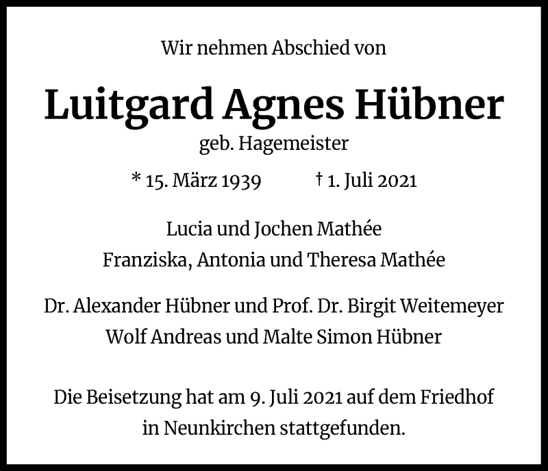  Traueranzeige für Luitgard Agnes Hübner vom 10.07.2021 aus Kölner Stadt-Anzeiger / Kölnische Rundschau / Express