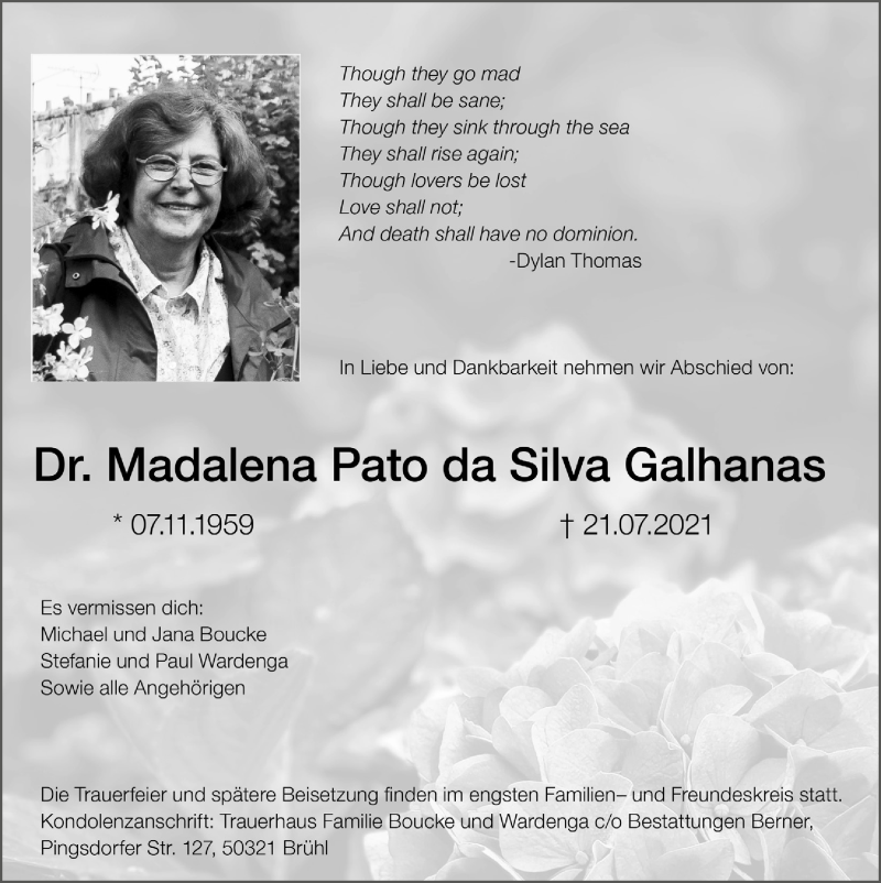  Traueranzeige für Madalena Pato da Silva Galhanas vom 30.07.2021 aus  Schlossbote/Werbekurier  Werbepost 