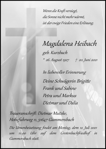 Anzeige von Magdalena Heibach von  Anzeigen Echo 