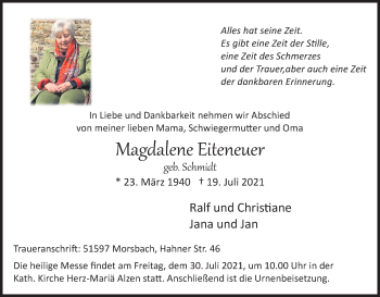 Anzeige von Magdalene Eiteneuer von Kölner Stadt-Anzeiger / Kölnische Rundschau / Express
