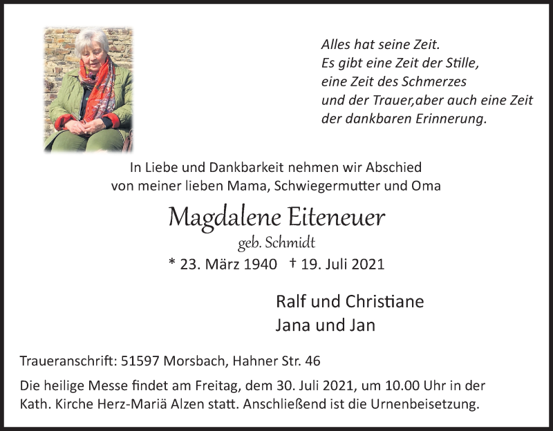  Traueranzeige für Magdalene Eiteneuer vom 24.07.2021 aus Kölner Stadt-Anzeiger / Kölnische Rundschau / Express