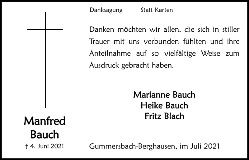  Traueranzeige für Manfred Bauch vom 09.07.2021 aus  Anzeigen Echo 