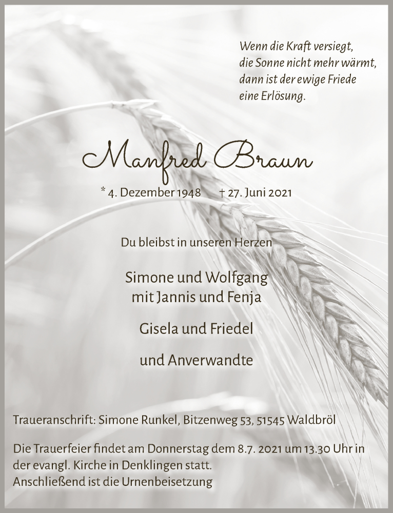  Traueranzeige für Manfred Braun vom 02.07.2021 aus  Lokalanzeiger 