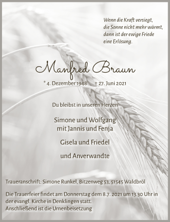 Anzeige von Manfred Braun von  Lokalanzeiger 