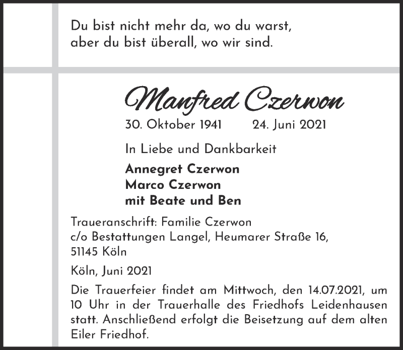  Traueranzeige für Manfred Czerwon vom 09.07.2021 aus  Kölner Wochenspiegel 