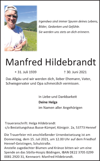 Anzeige von Manfred Hildebrandt von Kölner Stadt-Anzeiger / Kölnische Rundschau / Express