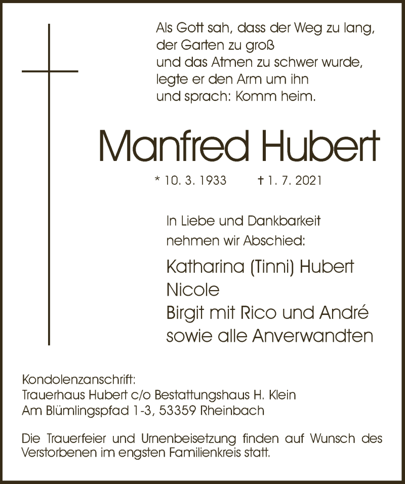  Traueranzeige für Manfred Hubert vom 17.07.2021 aus  Schaufenster/Blickpunkt 