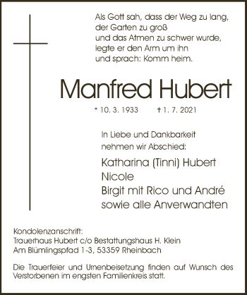 Anzeige von Manfred Hubert von  Schaufenster/Blickpunkt 