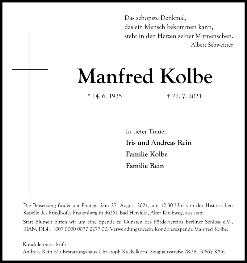 Traueranzeige für Manfred Kolbe vom 31.07.2021 aus Kölner Stadt-Anzeiger / Kölnische Rundschau / Express