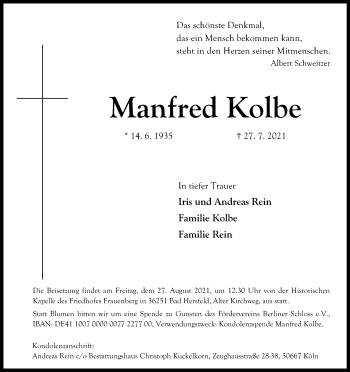 Anzeige von Manfred Kolbe von Kölner Stadt-Anzeiger / Kölnische Rundschau / Express
