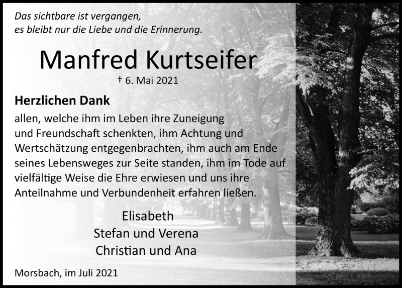  Traueranzeige für Manfred Kurtseifer vom 02.07.2021 aus  Lokalanzeiger 