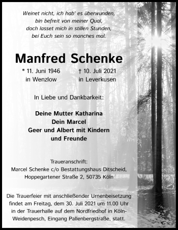 Anzeige von Manfred Schenke von Kölner Stadt-Anzeiger / Kölnische Rundschau / Express