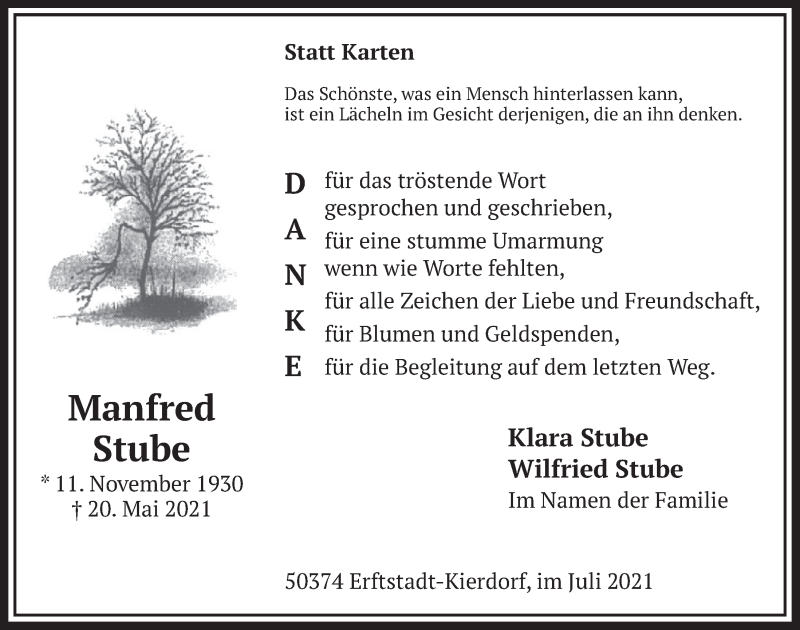  Traueranzeige für Manfred Stube vom 02.07.2021 aus  Wochenende  Werbepost 