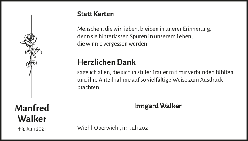  Traueranzeige für Manfred Walker vom 09.07.2021 aus  Anzeigen Echo  Lokalanzeiger 