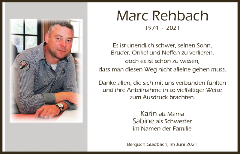  Traueranzeige für Marc Rehbach vom 02.07.2021 aus  Bergisches Handelsblatt 