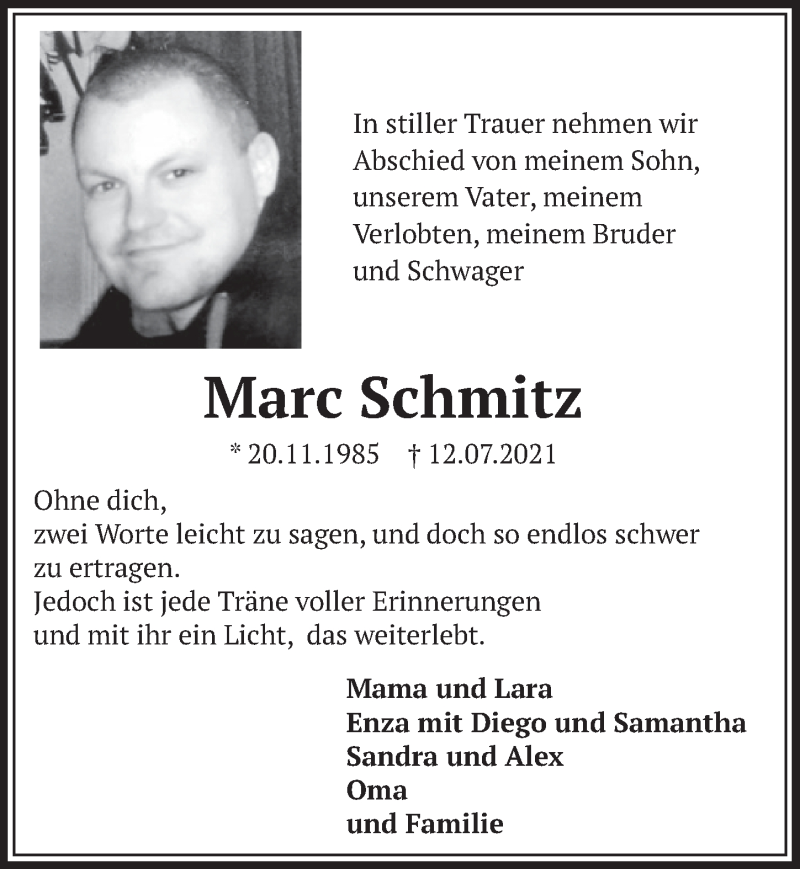 Traueranzeige für Marc Schmitz vom 30.07.2021 aus  Werbepost 